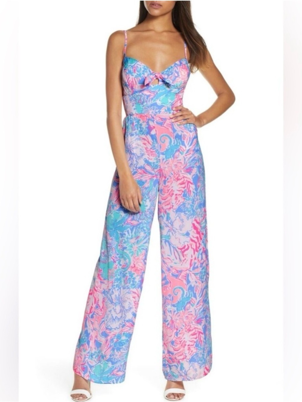Lilly Pulitzer Pink & Blue Pastel Floral Tie-Front Wide-Leg Jumpsuit